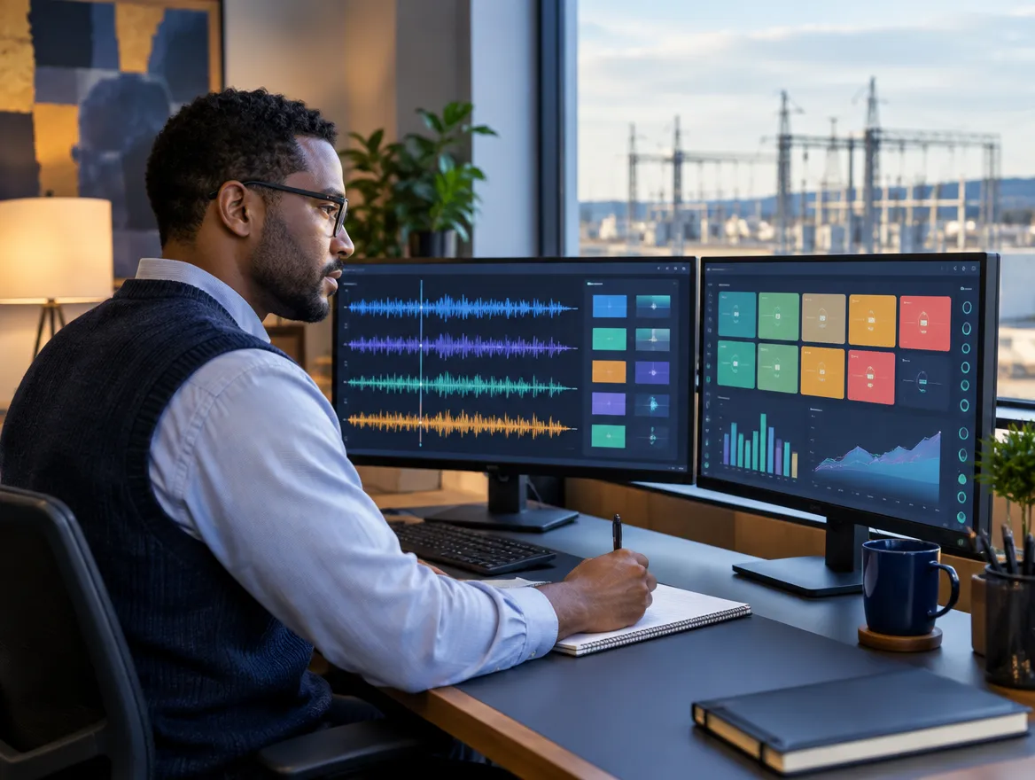 Analyst reviewing grid data on monitors with power lines outside