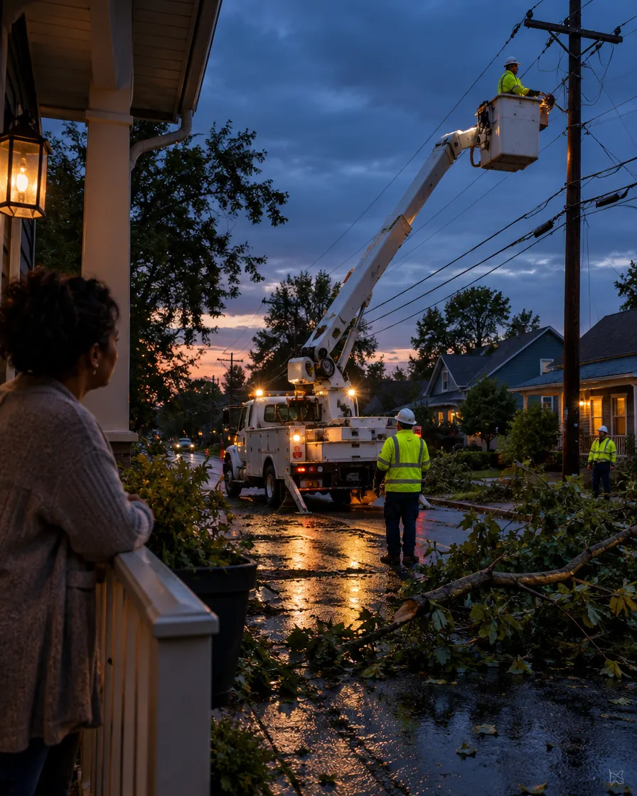 Homeowner watching a line crew repair power lines after a storm
