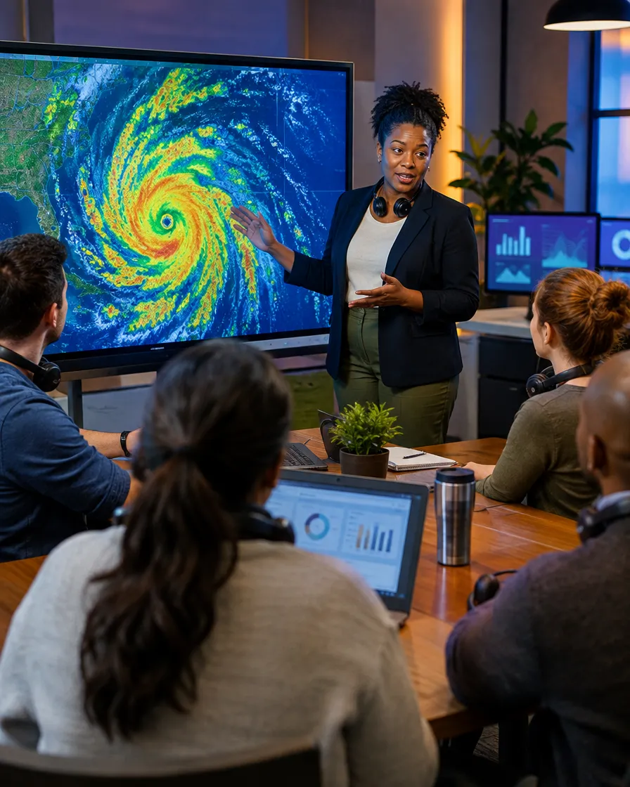 Utilities team tracking a storm on a large weather screen