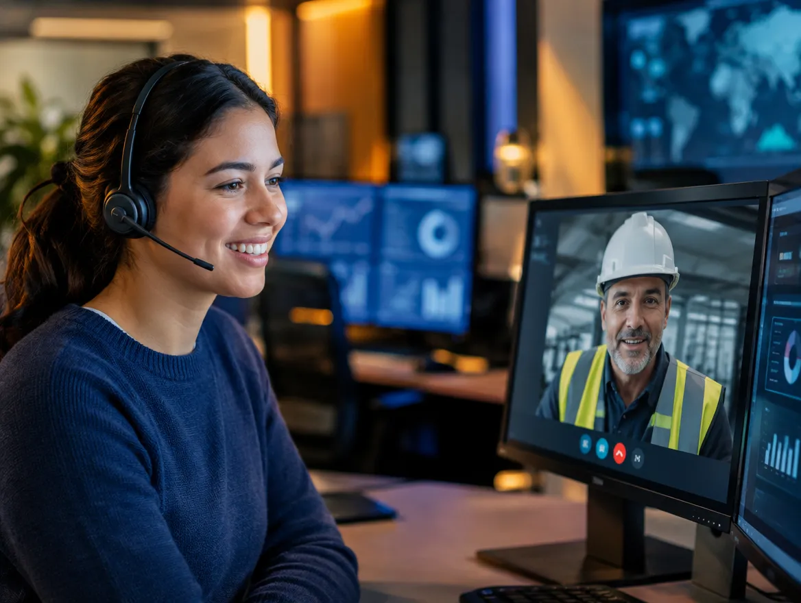 Utilities agent in a headset on a video call with a field technician
