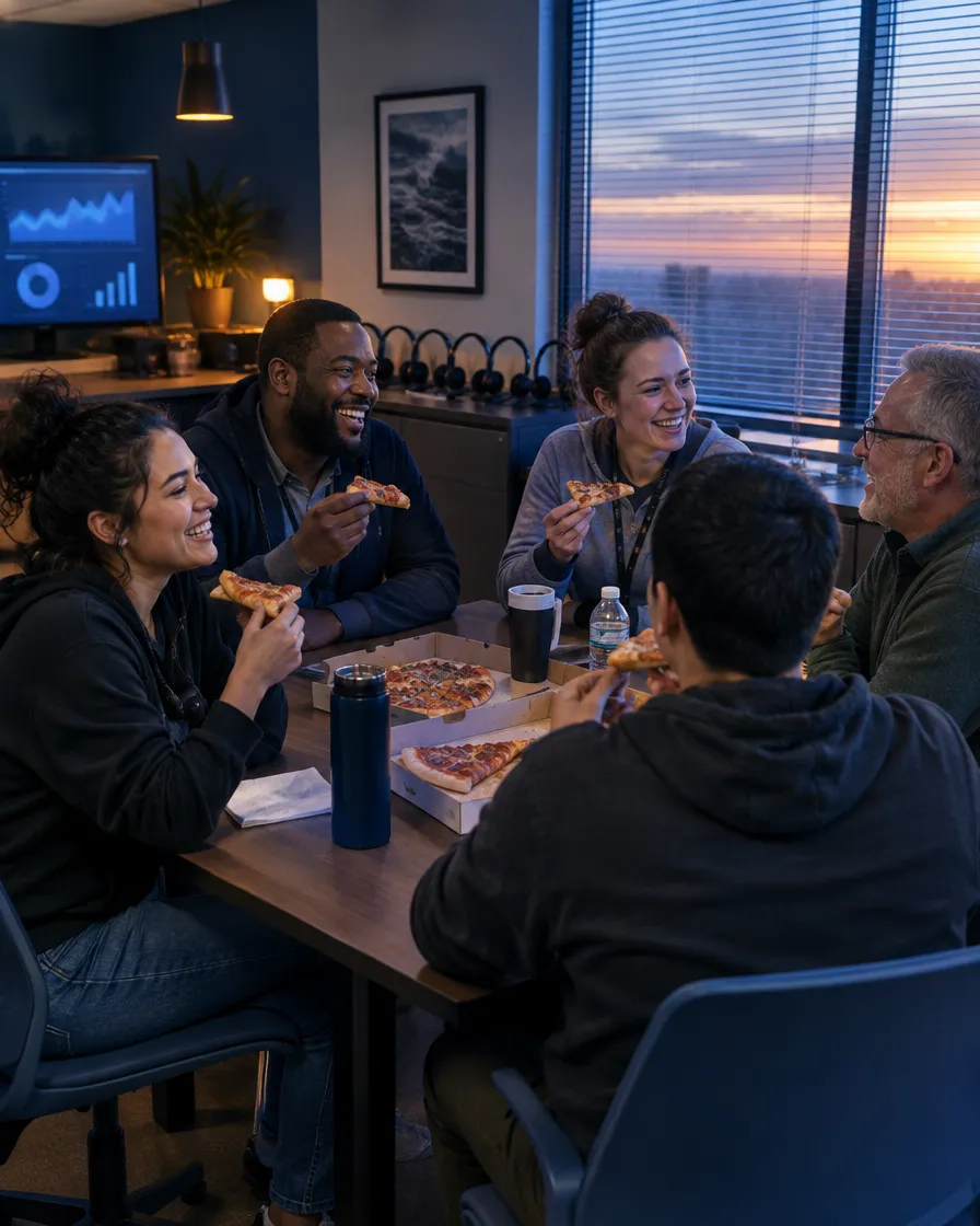 Utilities team meeting around a table at dusk