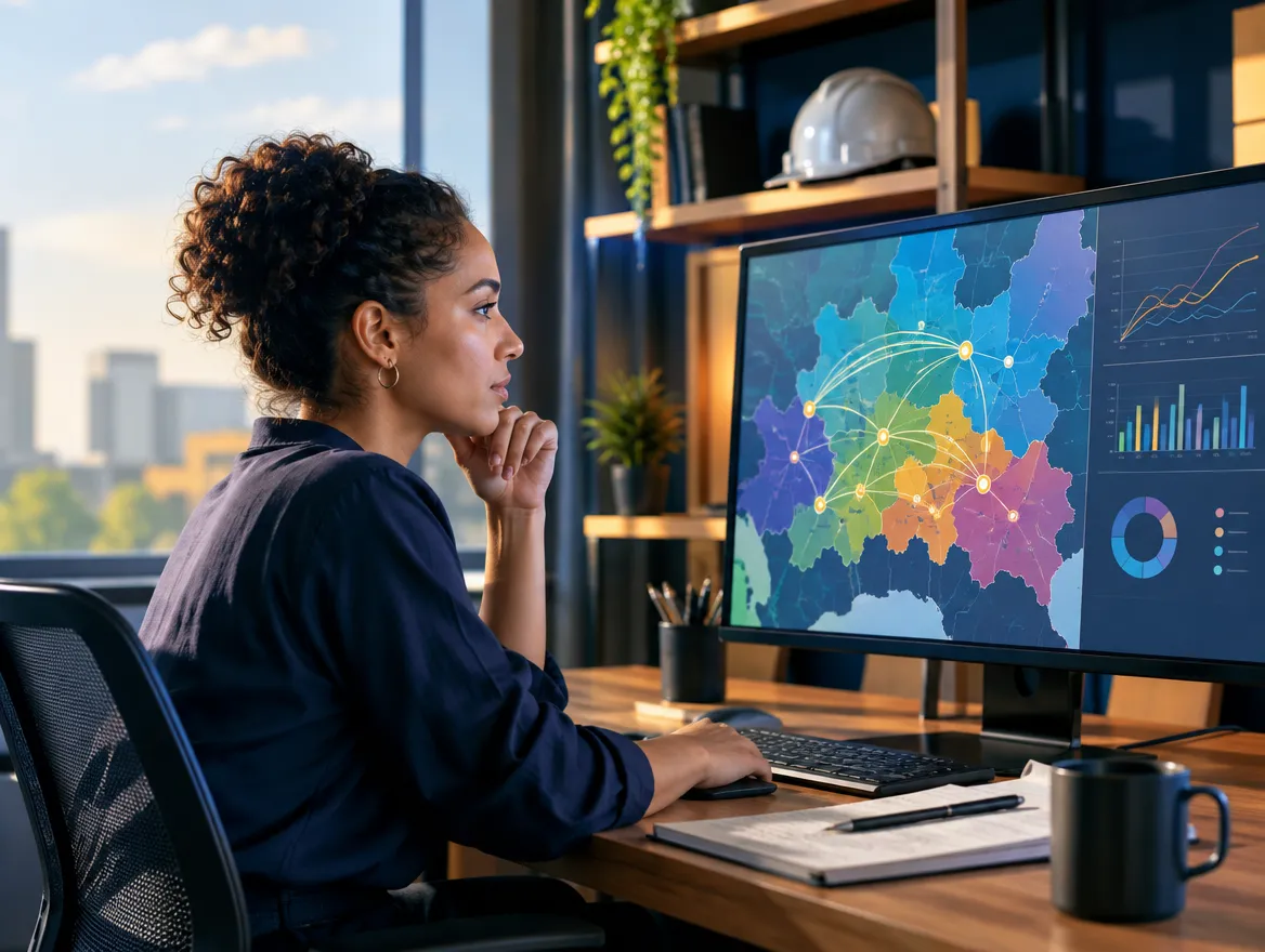 Analyst reviewing a utility service area map on a monitor