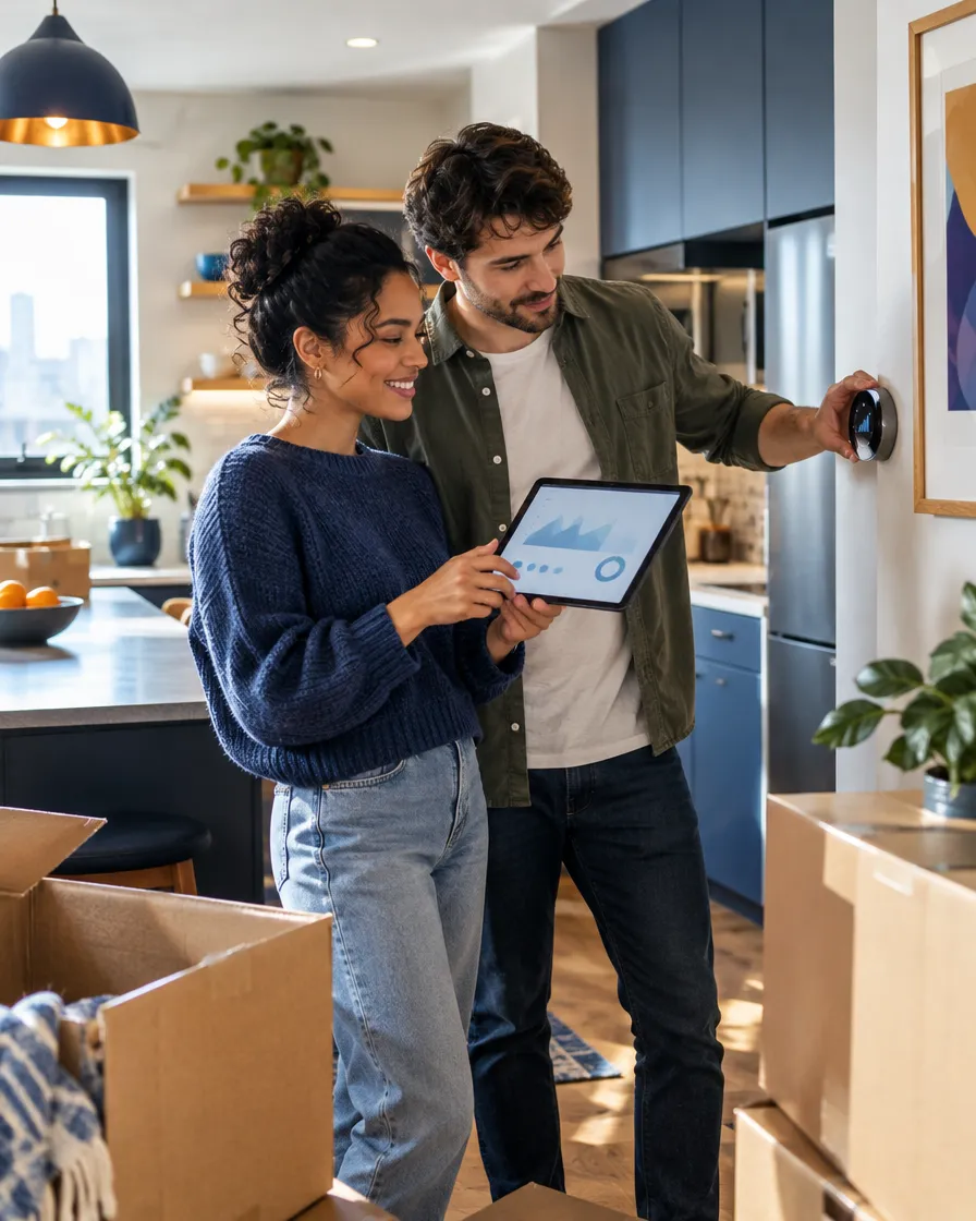 Couple setting up a smart thermostat with a tablet at home