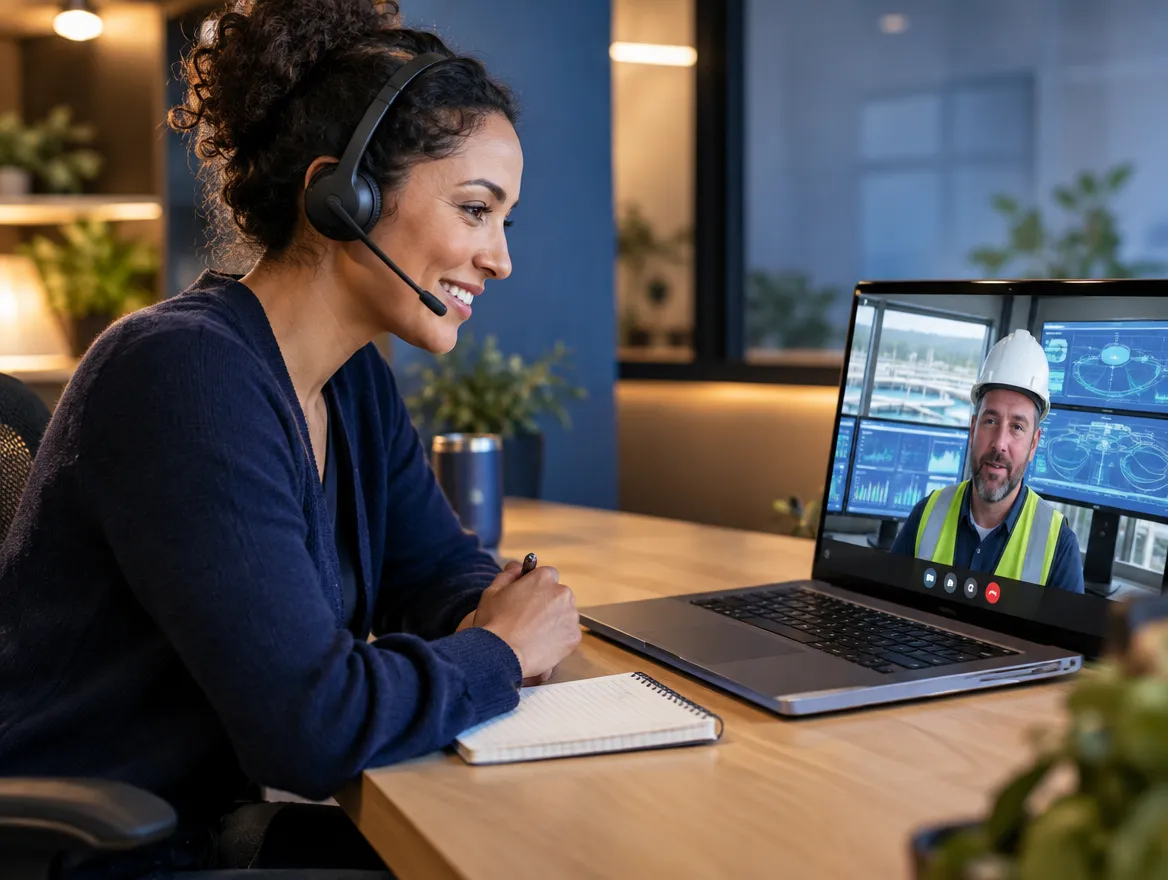 Utilities agent in a headset on a video call with a field technician
