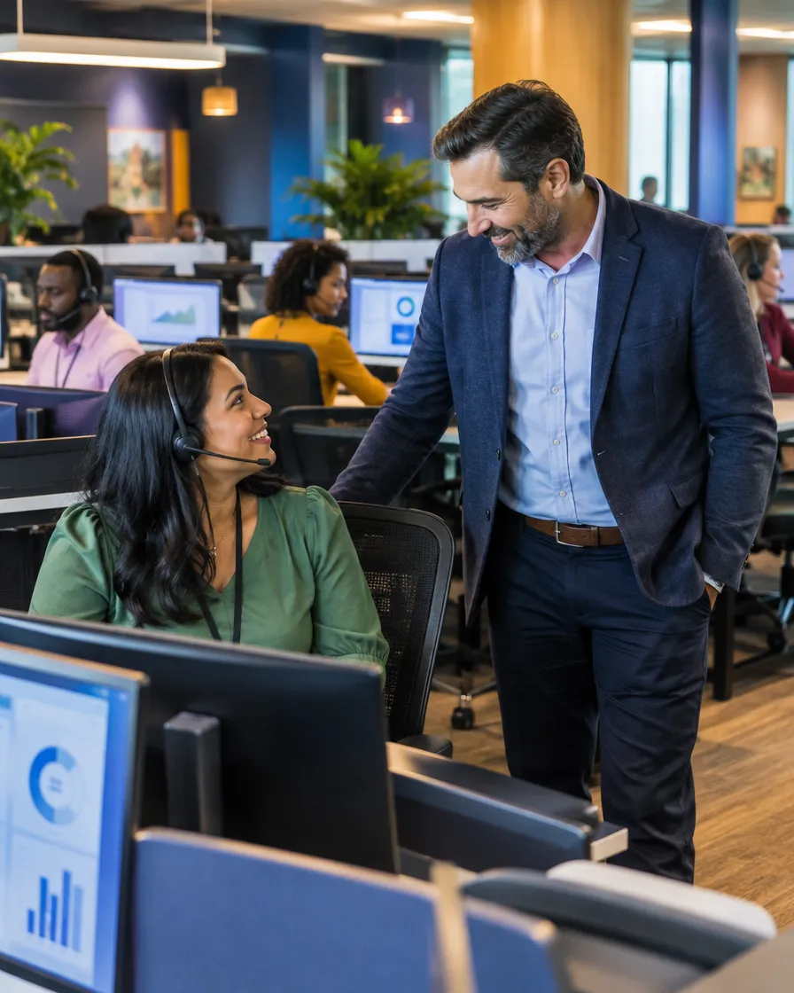 Supervisor talking with a utilities agent at her desk