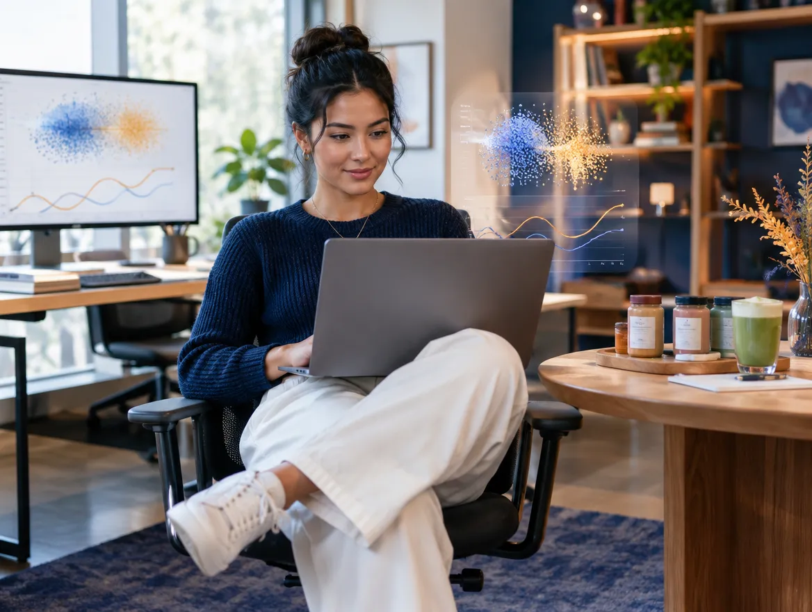 Wellness brand analyst working on a laptop in a relaxed office