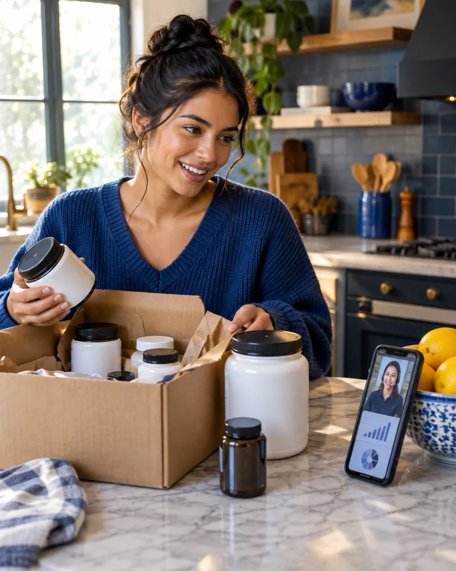 Woman unboxing wellness products and a smart scale at home