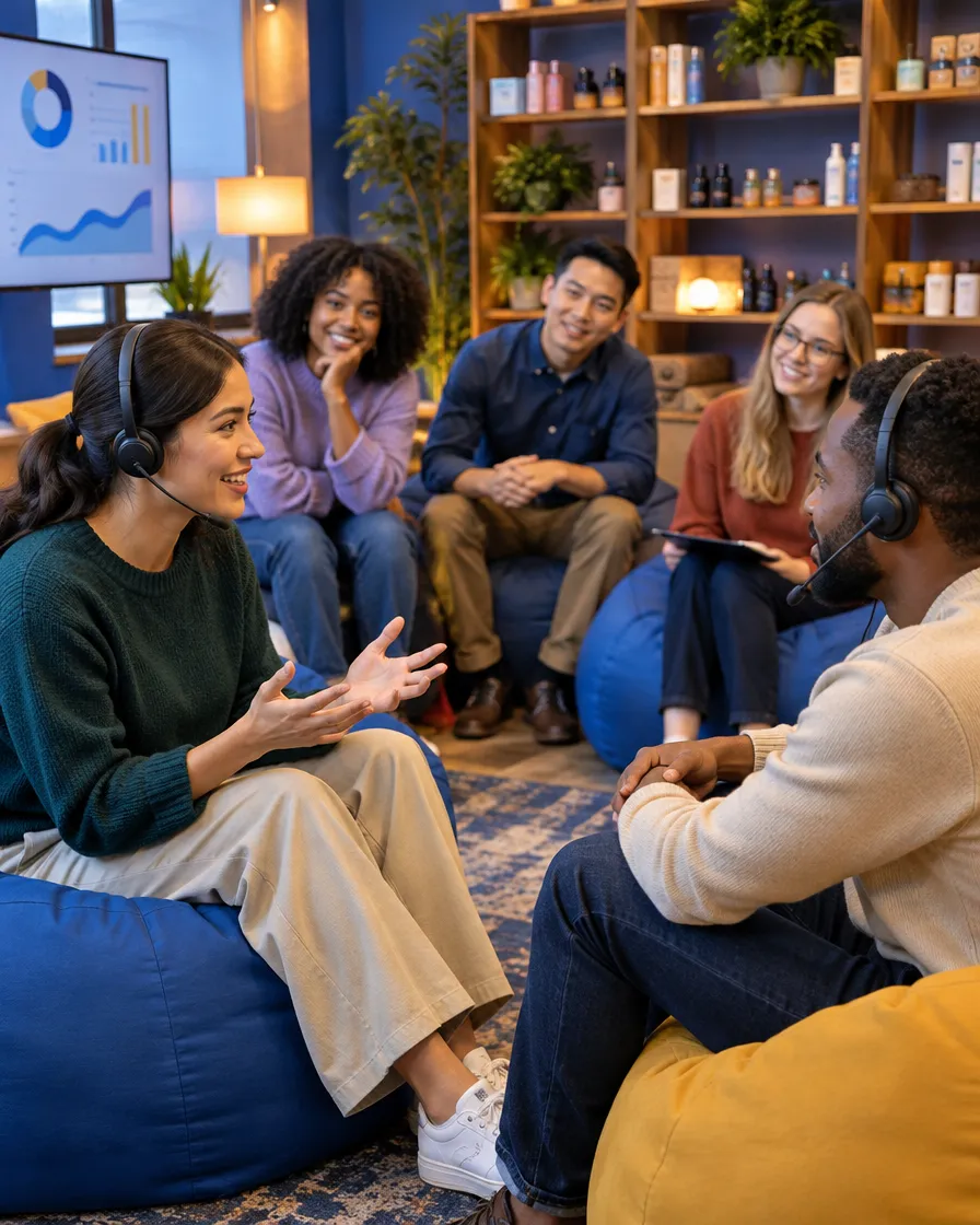Wellness brand team chatting in a lounge