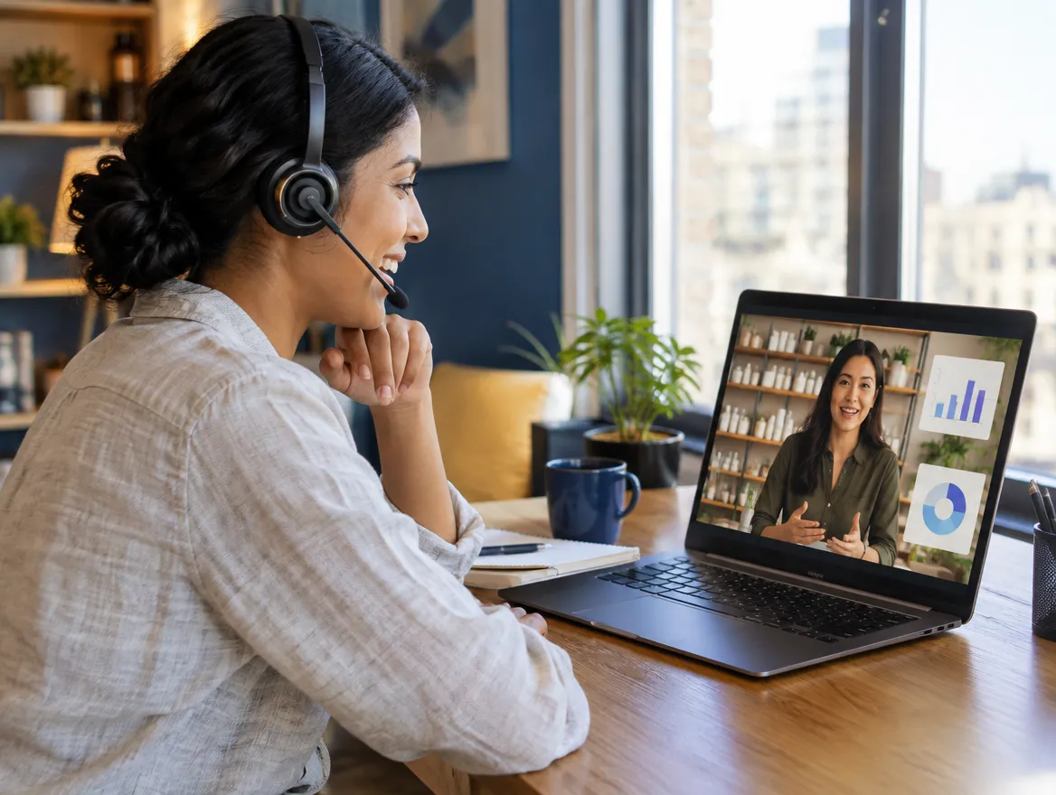 Wellness support agent in a headset on a video call