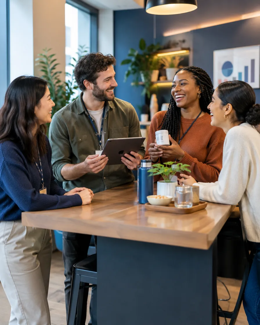 Wellness brand team meeting at a standing table