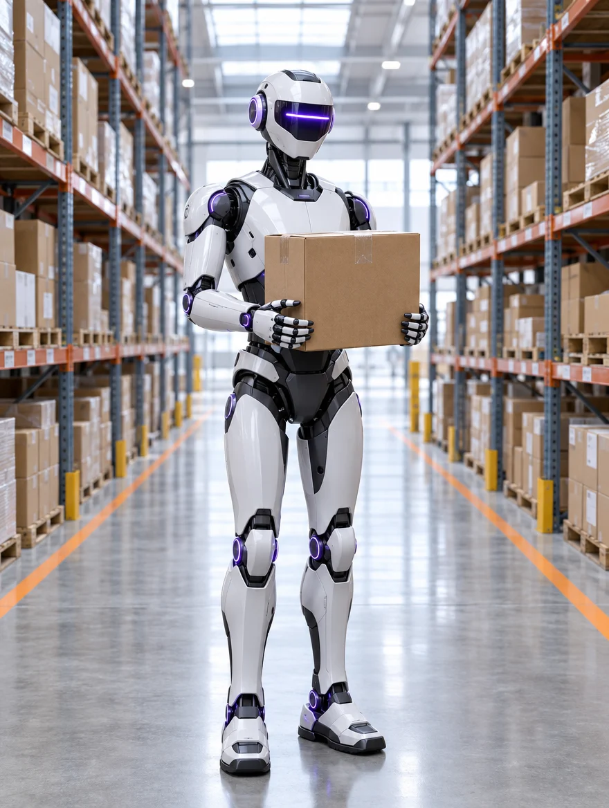 Humanoid robot holding a cardboard package in a warehouse aisle