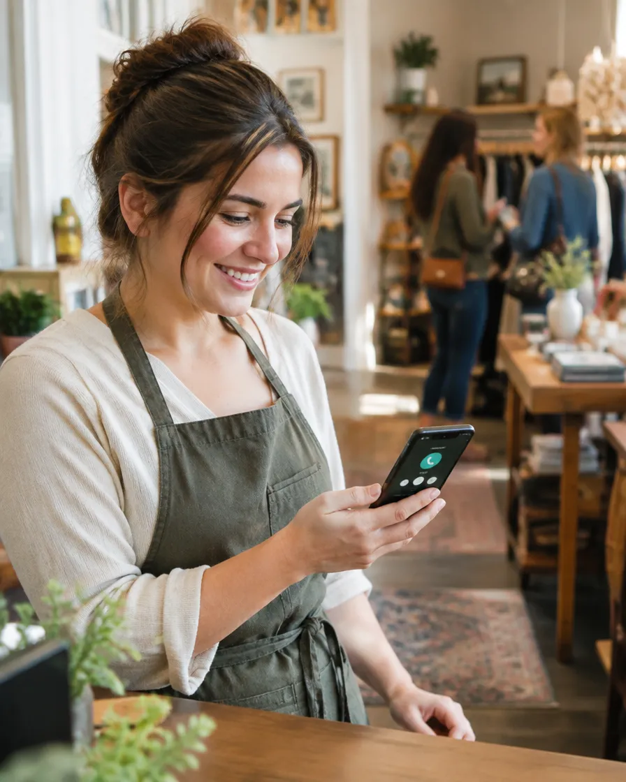 Small business owner relieved as calls are answered by a live answering service