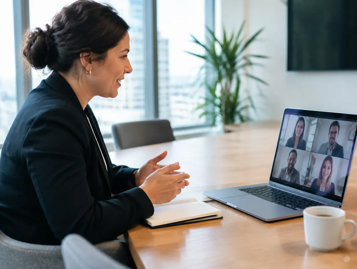 Client services manager discussing an answering service plan on a video call