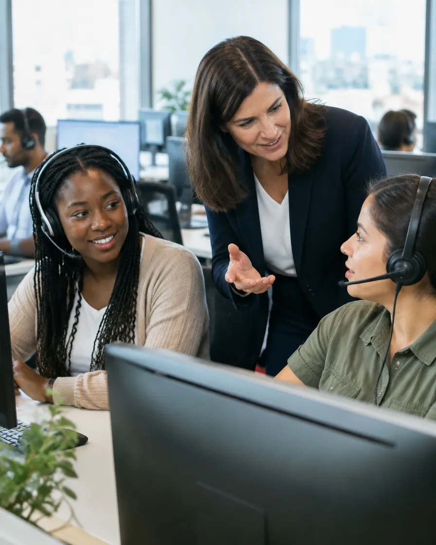 Team lead coaching phone answering agents on a busy contact center floor