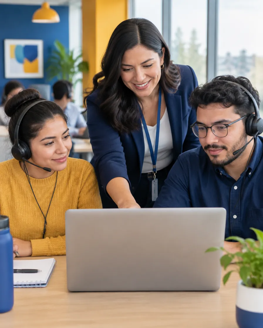 Team lead coaching bilingual Arabic support agents on the contact center floor