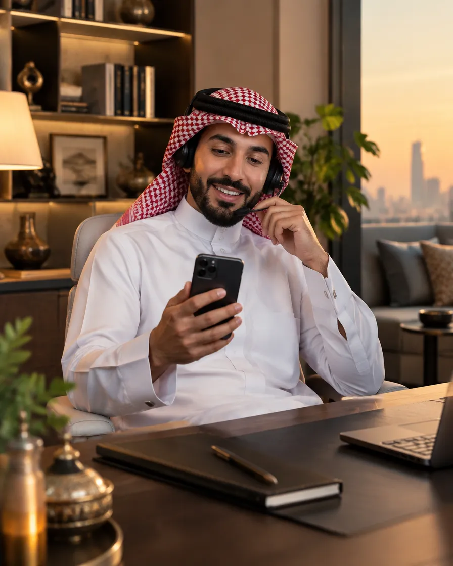 عميل في الشرق الأوسط يتحدث مع موظف دعم عبر هاتفه الذكي