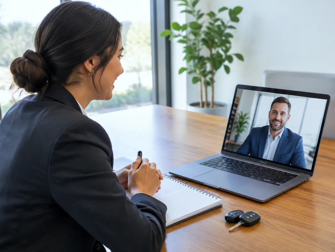 Auto finance collections consultant planning a recovery program with a lender on a video call