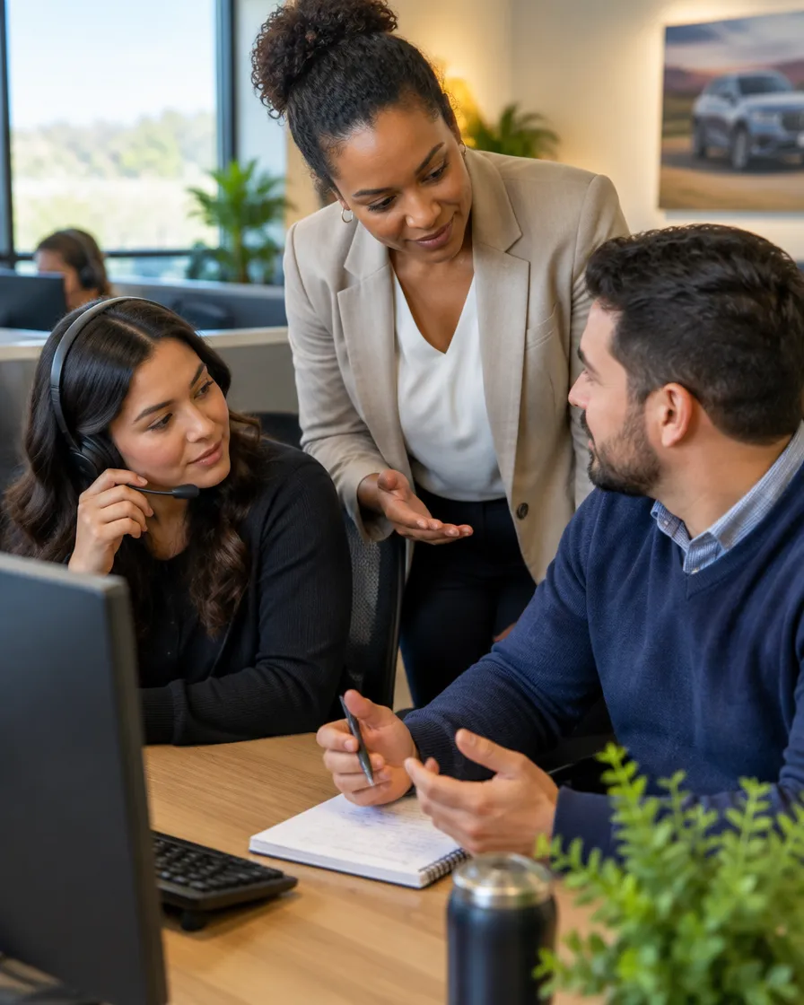 Auto finance collections supervisor coaching negotiators on hardship options