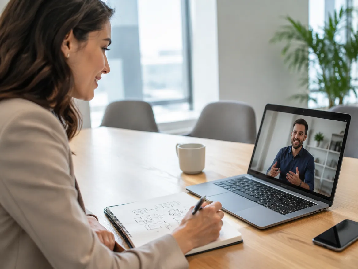 Client services manager planning an appointment setting program on a video call