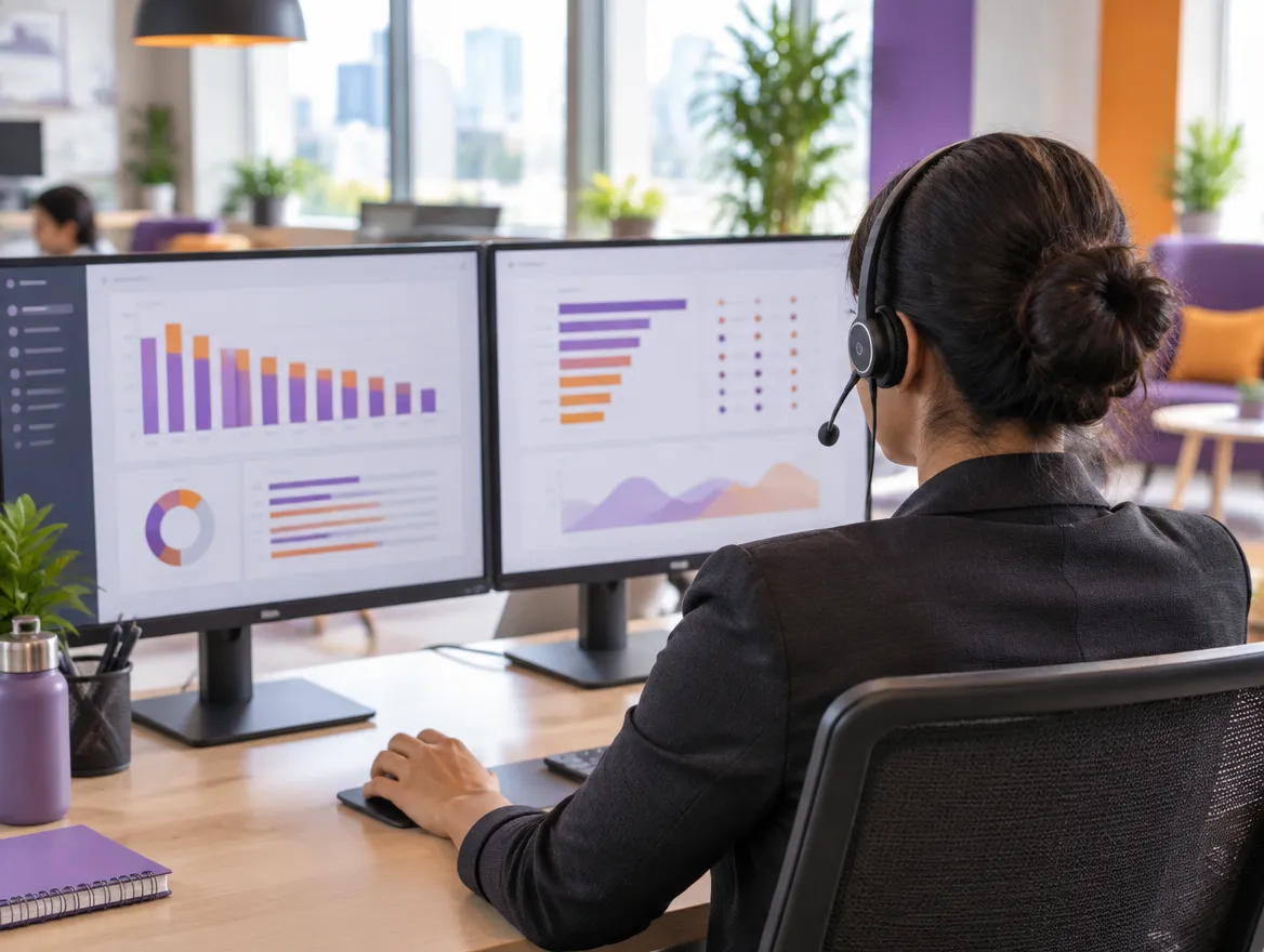 Bank collections agent using analytics-led account prioritization on dual monitors