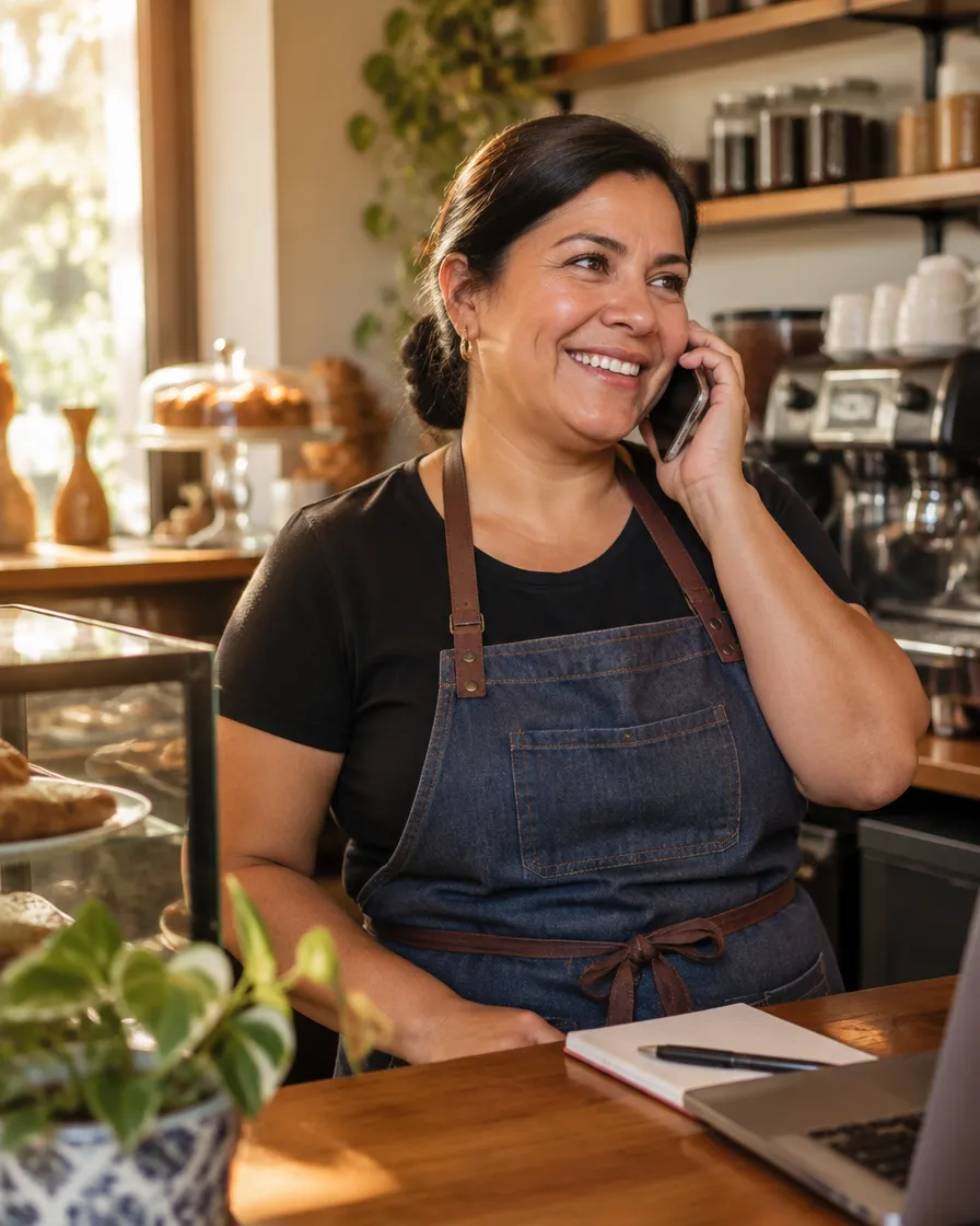 Clienta hispana sonriendo mientras habla por teléfono con un agente que la atiende en español