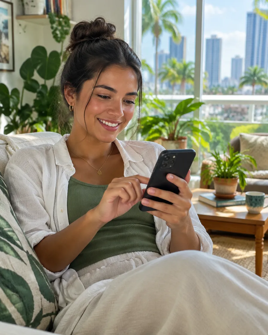 Cliente brasileira usando o celular enquanto recebe ajuda de uma atendente de língua portuguesa