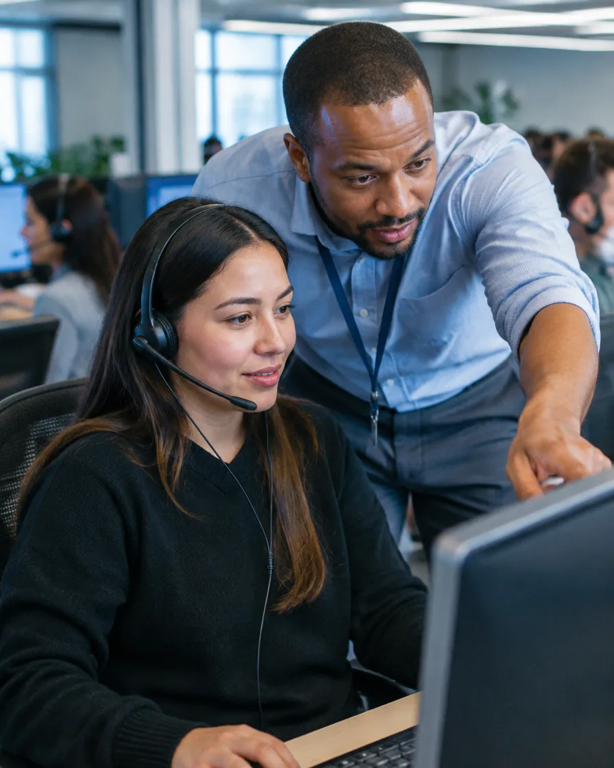 Supervisor coaching call center agents on a busy operations floor