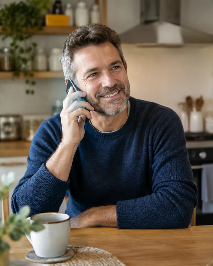 British customer smiling during a helpful support call at home