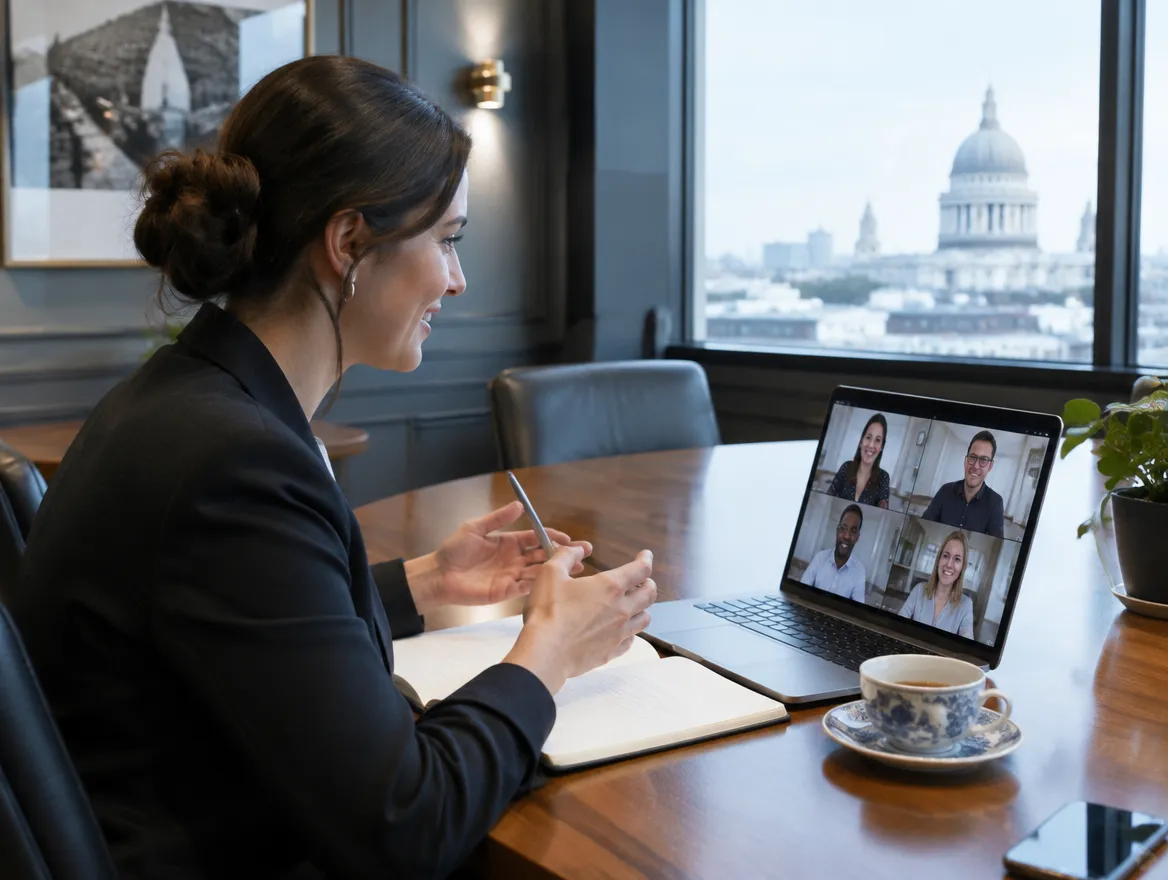 Client services manager planning a UK contact centre programme on a video call