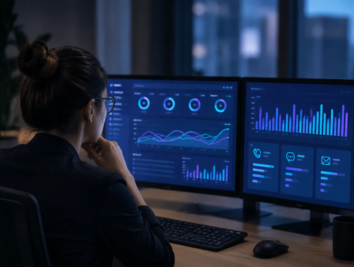 Contact center analyst reviewing AI quality insights across channels