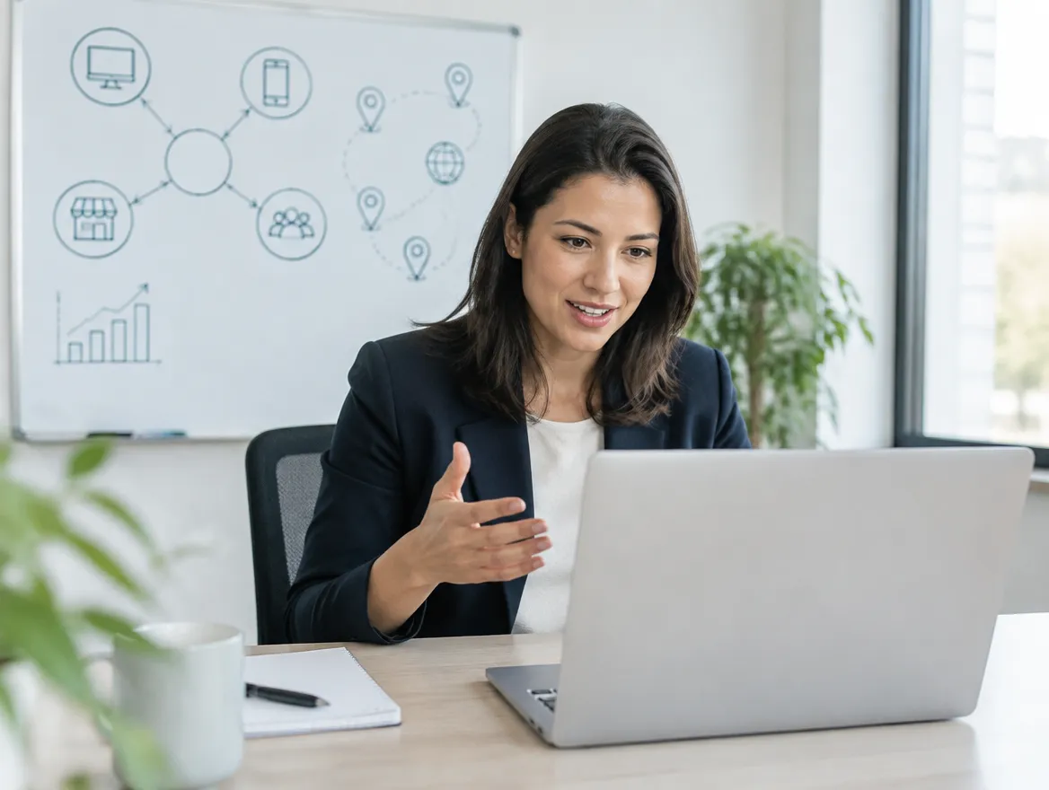 Solutions consultant mapping outsourcing capabilities on a video call
