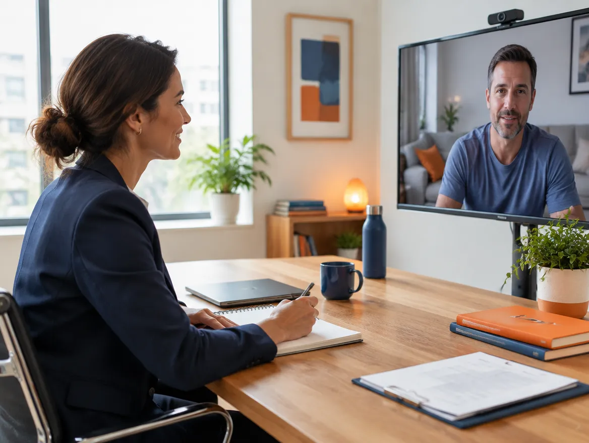 Collections consultant planning a recovery program with a client on a video call