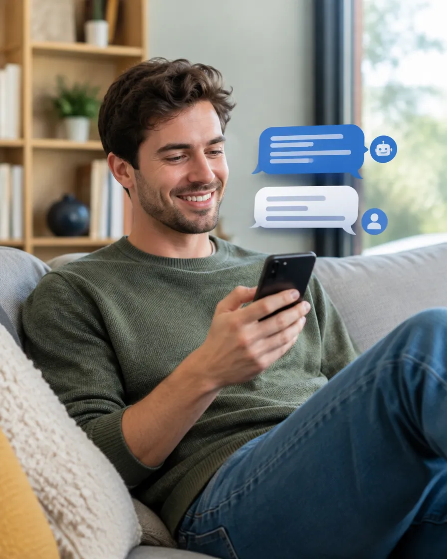 Happy customer chatting with a brand on a smartphone at home
