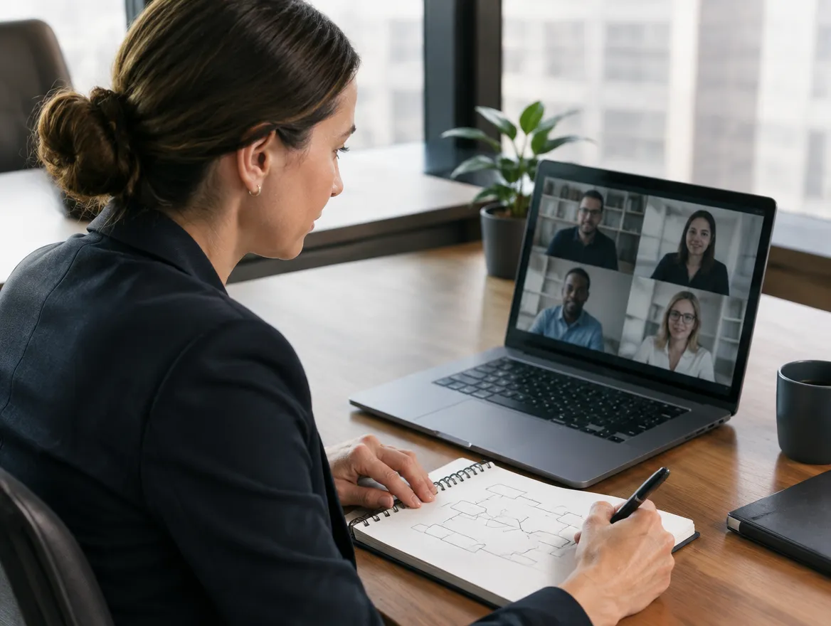 Client service director planning an escalation governance model on a video call