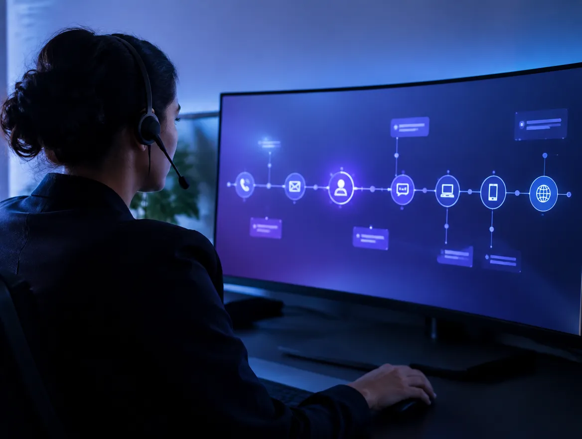 Concierge agent viewing an AI-assembled customer journey timeline on screen