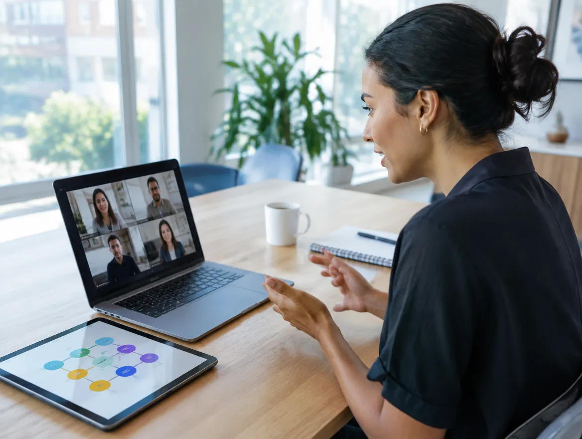 CX strategist mapping a connected premium journey on a video call