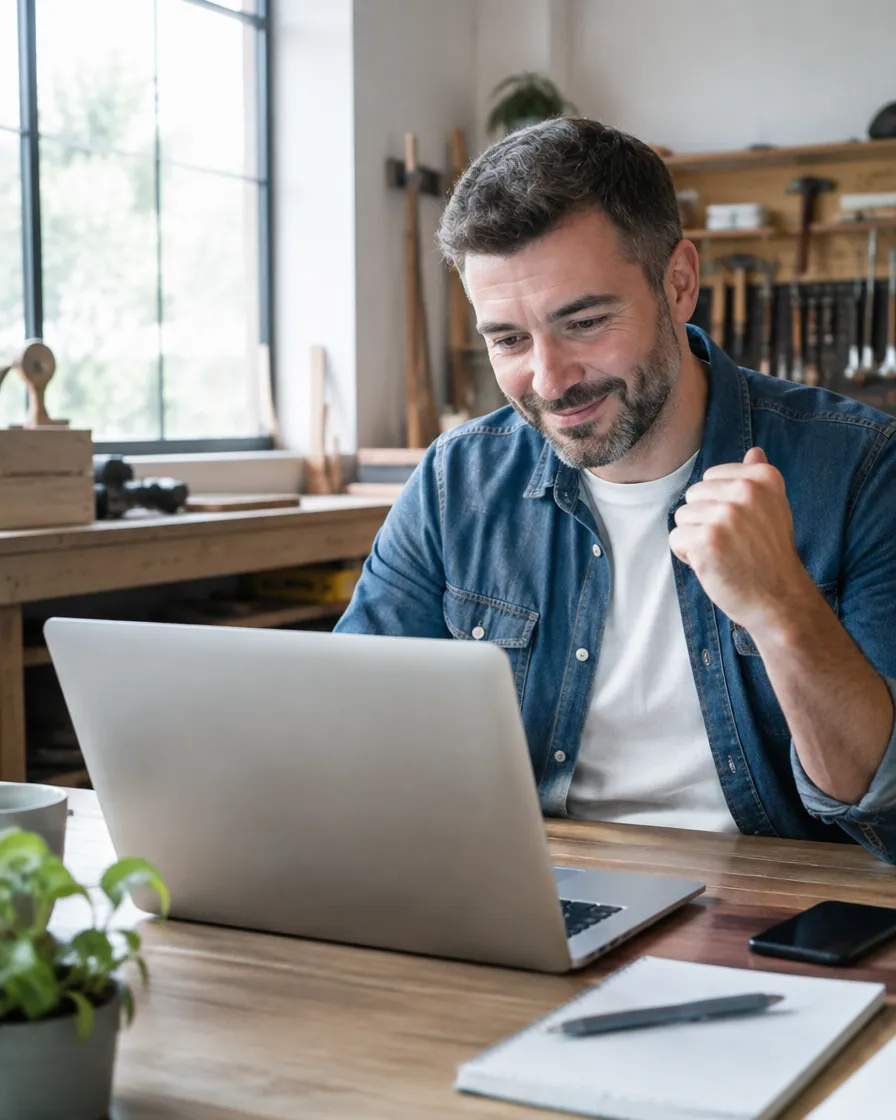 Small business owner reviewing improved receivables on a laptop