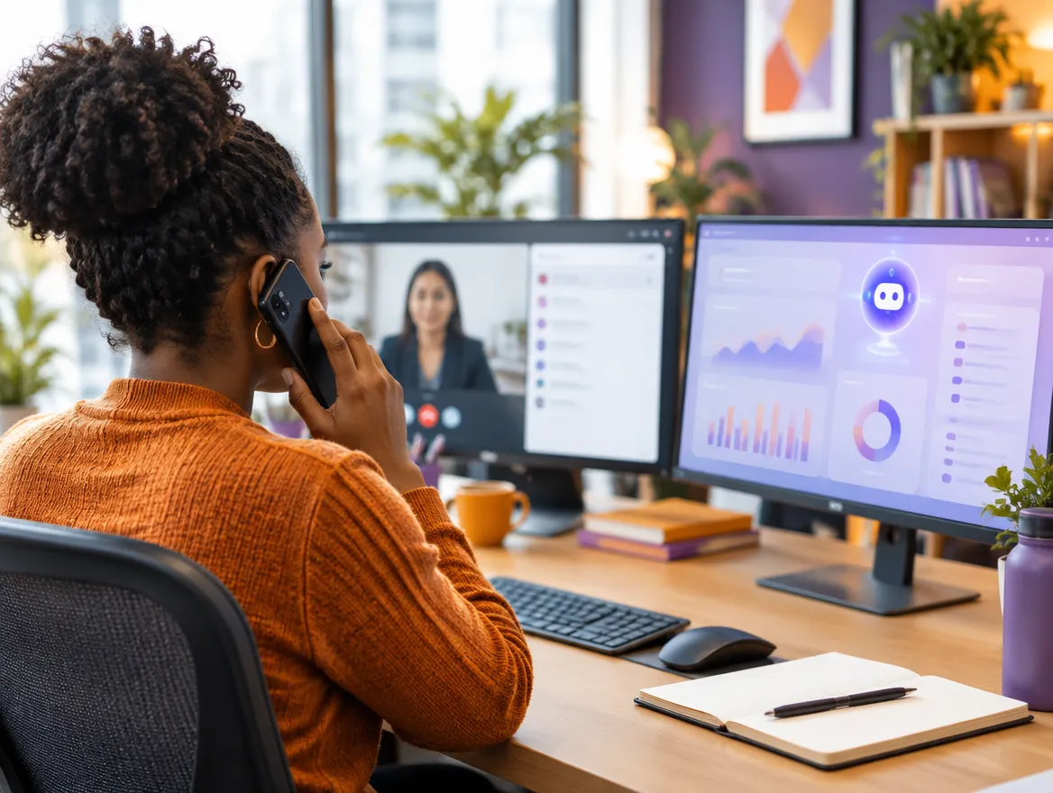 Debt resolution agent on a call with an AI co-pilot panel on a second monitor