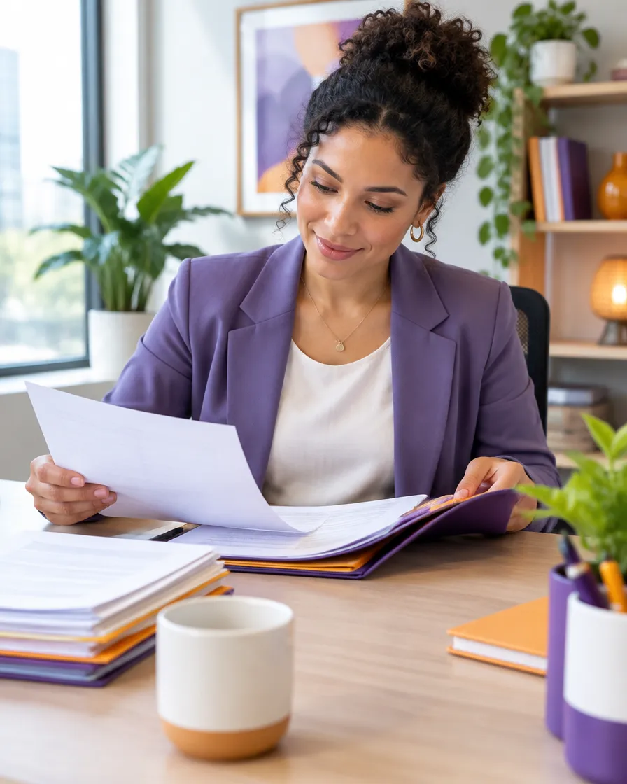 Debt settlement case manager reviewing hardship documents and a settlement plan