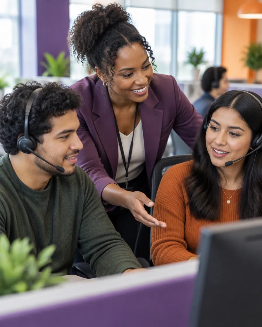 Team lead coaching debt resolution agents at a workstation