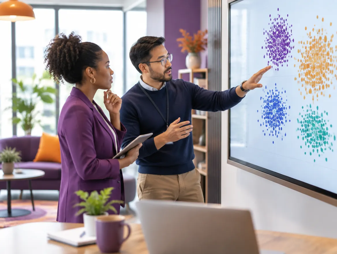 Data scientist and collections manager reviewing predictive borrower segmentation