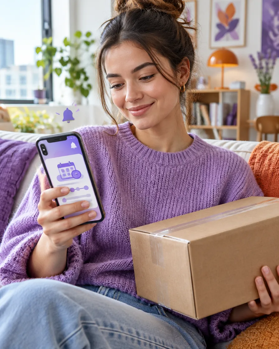 Online shopper with a delivery parcel checking a buy-now-pay-later reminder on a phone
