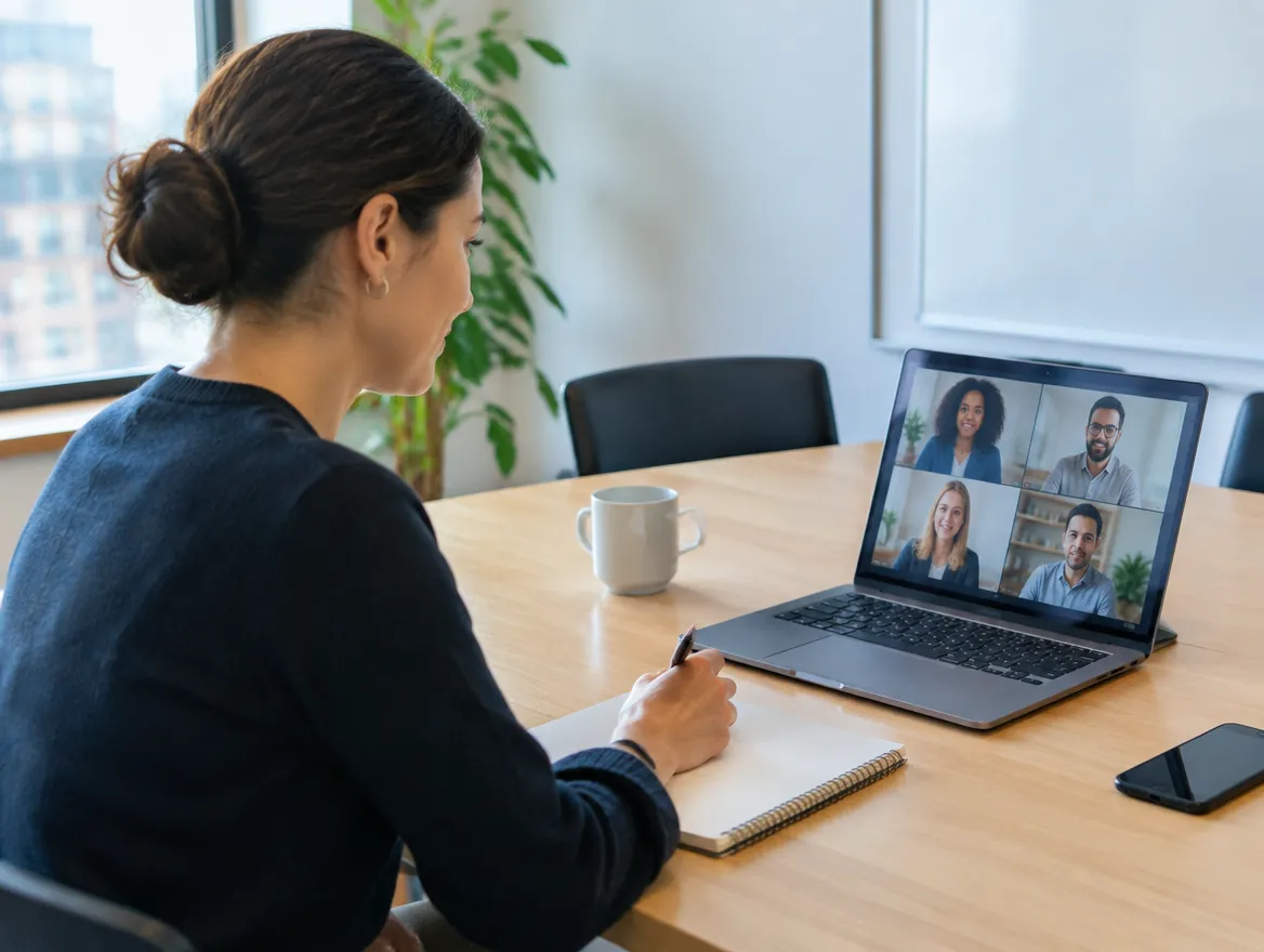 Client services manager planning an email support program on a video call