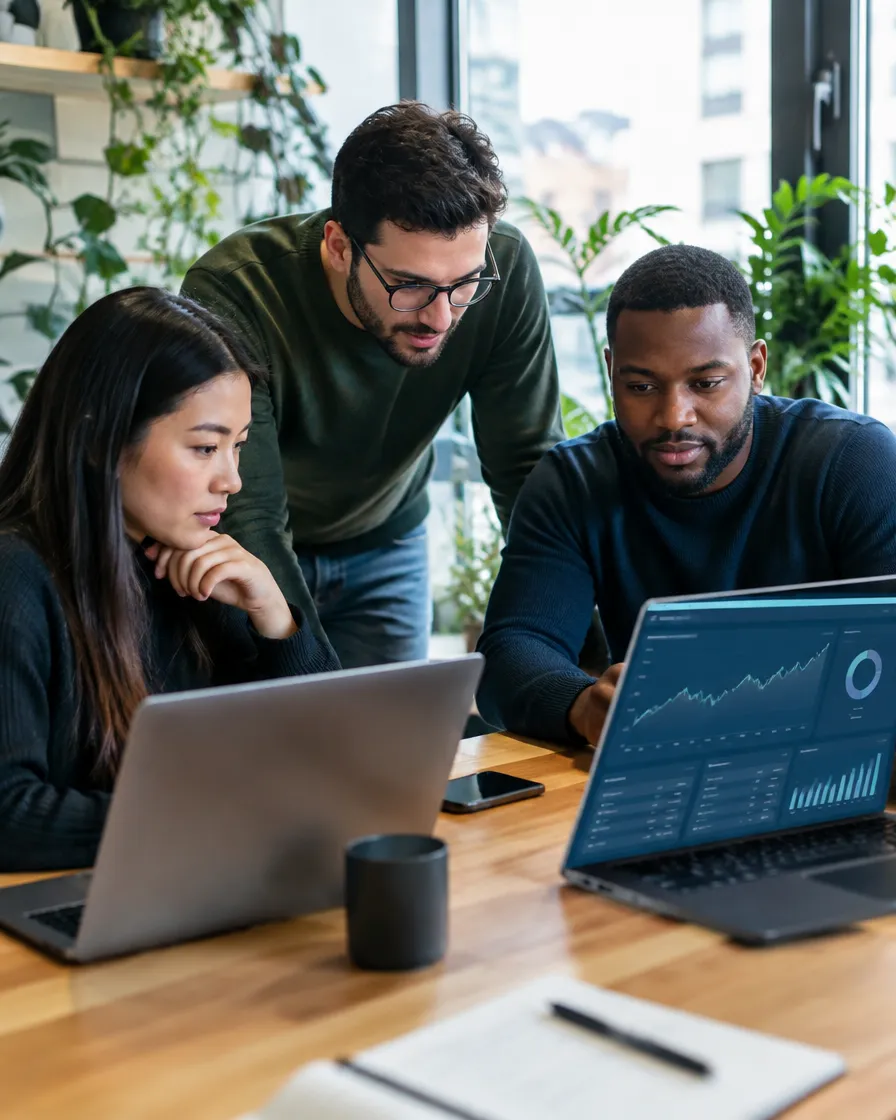 Fintech operations team reviewing BNPL portfolio recovery on laptops