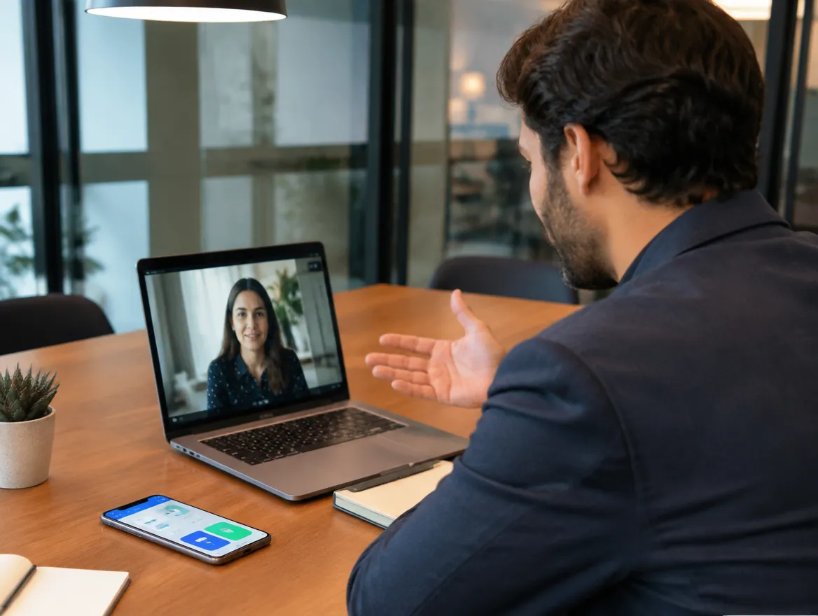 Fintech collections consultant planning a recovery program on a video call