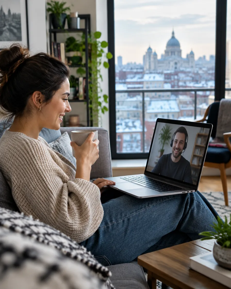 French-speaking customer chatting with a support agent on a smartphone at home