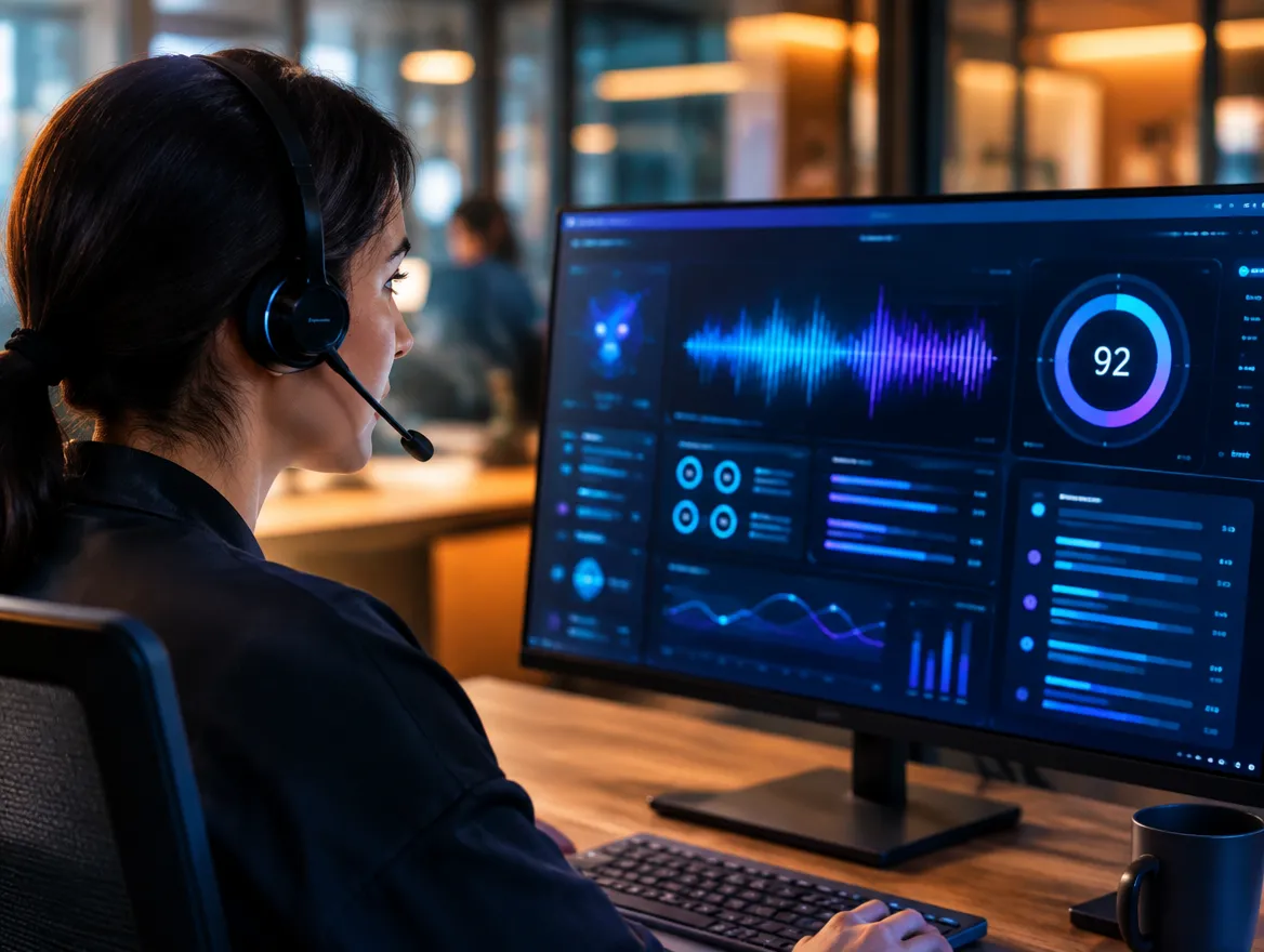 German-speaking agent using AI-assisted tools on a contact center dashboard