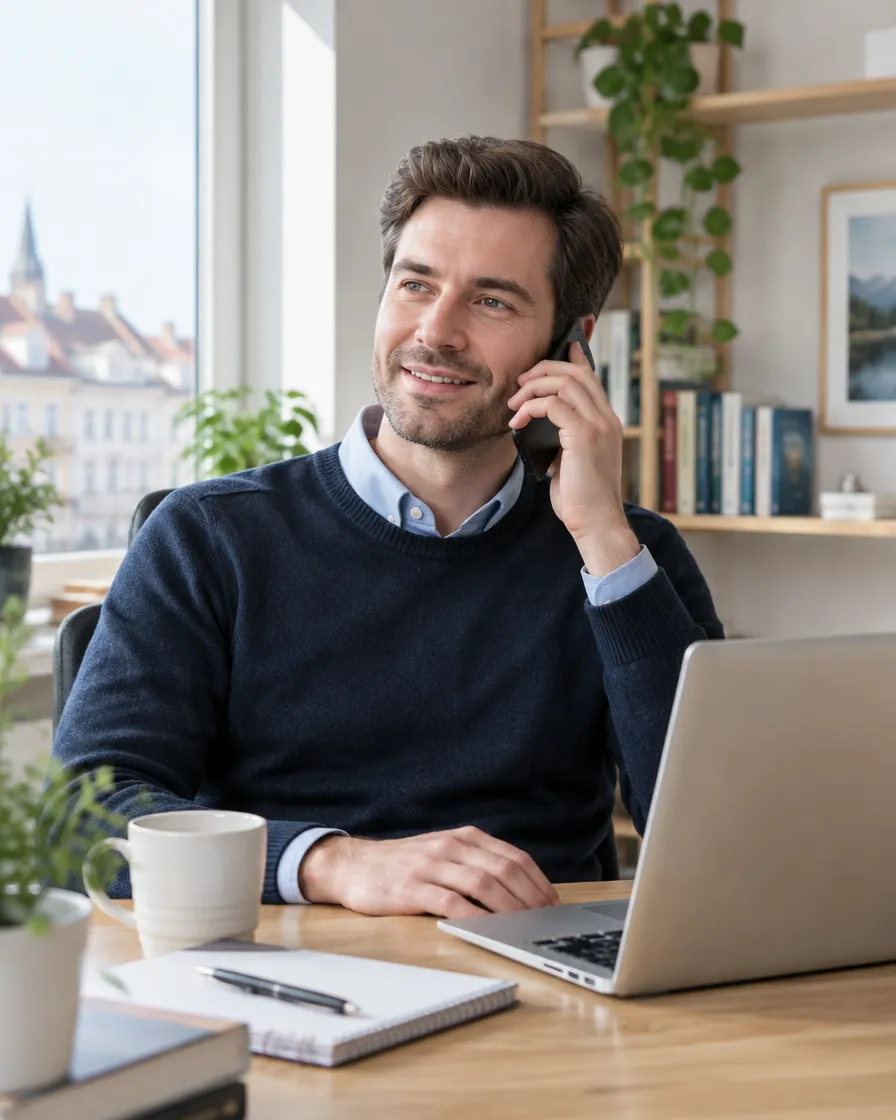 German-speaking customer contacting customer support from a laptop at home