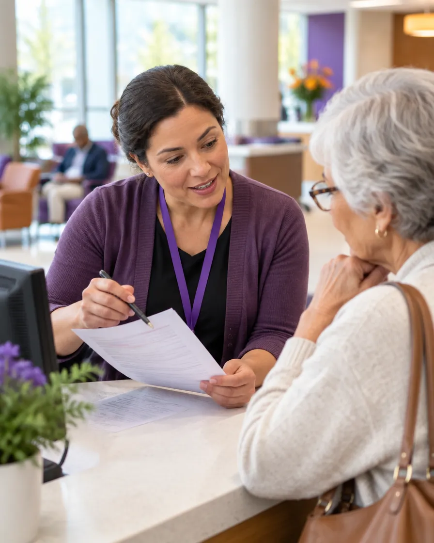 Patient financial counselor explaining a benefits statement to a patient at a hospital desk