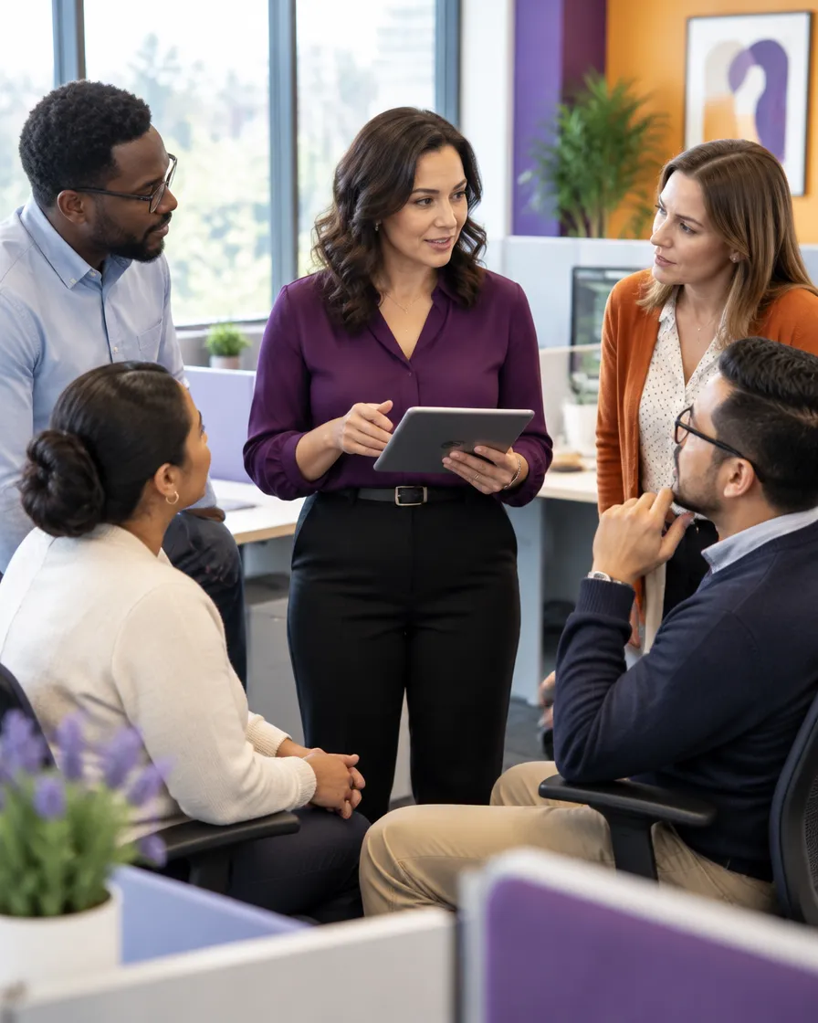 Healthcare collections team huddle with a supervisor in a medical billing office